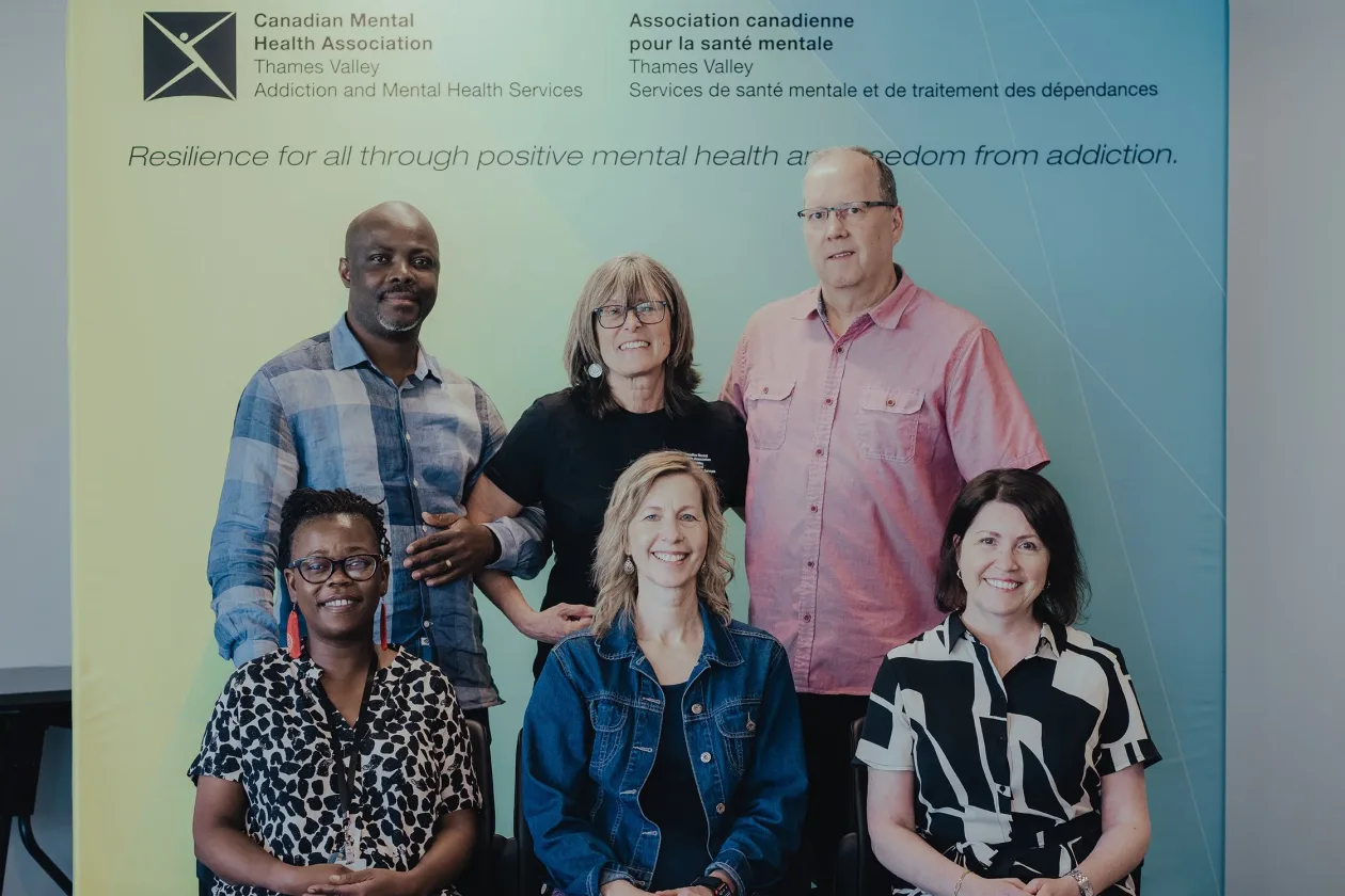 Back: Frank Tshunza (Entité 1), Karna Trentman (CMHA Thames Valley), Paul Levac (Entité 1). Front: Nicola Memo (Family Service Thames Valley), Lori Hassall and Pam Tobin (CMHA Thames Valley)